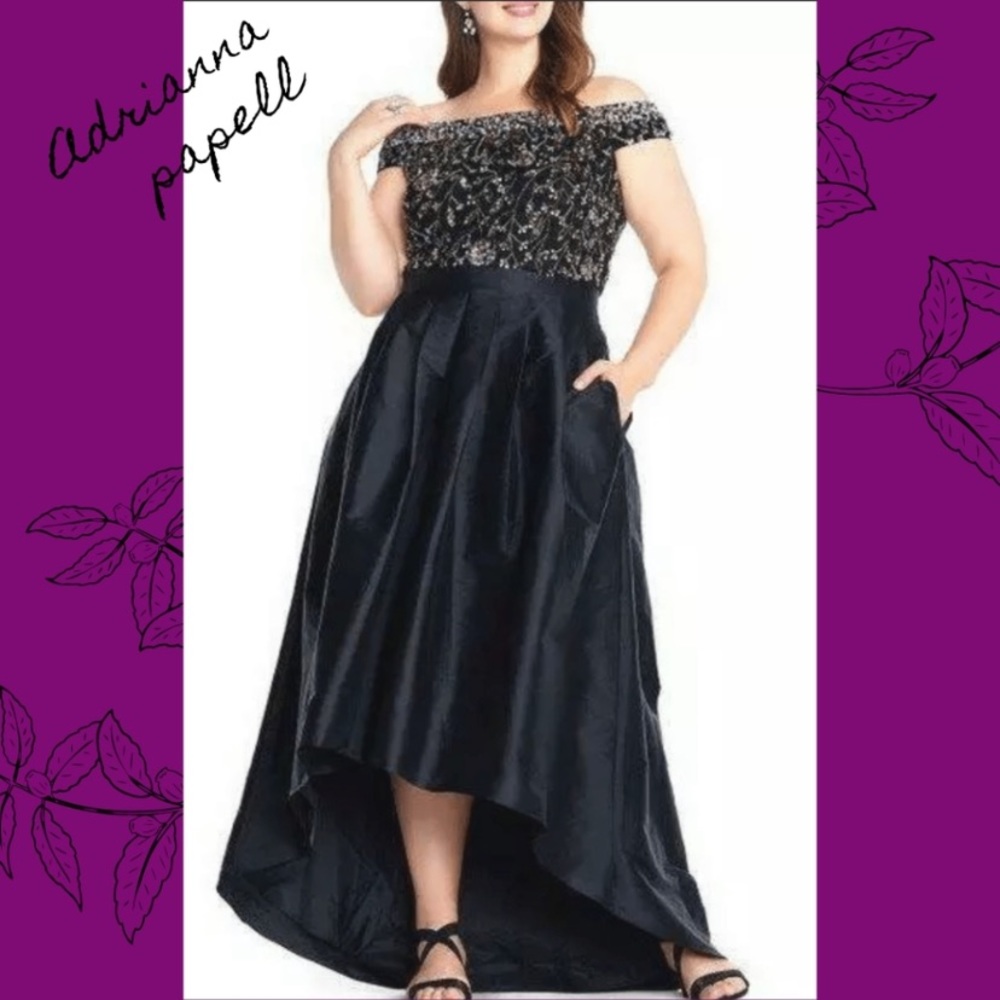 Adrianna papell off the shoulder Hi Low Gown with sequin floral beaded bodice - Picture 3 of 12